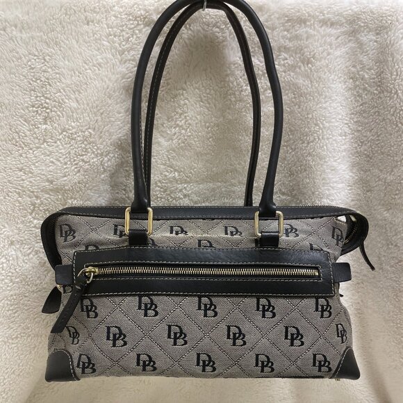 Dooney & Bourke Black/Grey Double Pocket Canvas/Leather Quilted Pattern Satchel - Picture 2 of 14